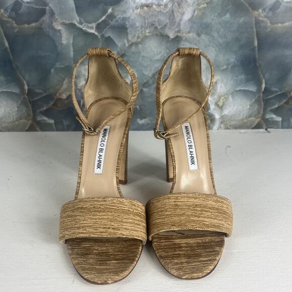Manolo Blahnik Strappy Heels Women's 7 Lauratopri Brown Leather - Picture 1 of 9